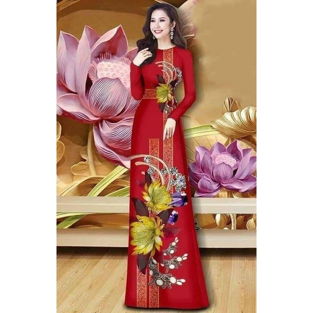 ÁO DÀI TRUYỀN THỐNG CỔ TRÒN IN 3D HOẠ TIẾT HOA MÀU ĐỎ MẪU MỚI NHẤT, ÁO DÀI CÁCH TÂN NỮ