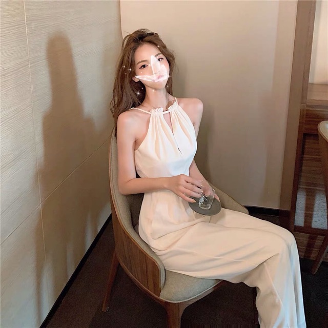 Áo dài hai dây cổ áo liền quần phụ nữ mùa thu / áo lửng mùa đông jumpsuit rời quần ống rộng màu trắng