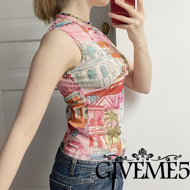 Áo thun ngắn croptop sát nách cổ tròn in họa tiết thời trang cho nữ