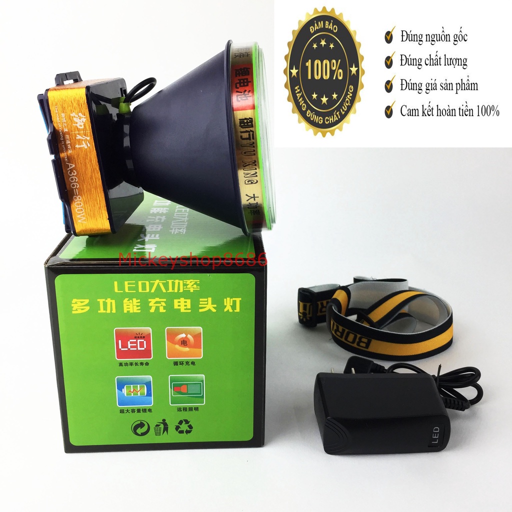 Đèn pin đội đầu siêu sáng A366 bóng led 800W, pin khủng, chống nước mưa ánh sáng trắng ánh sáng vàng đèn soi ếch