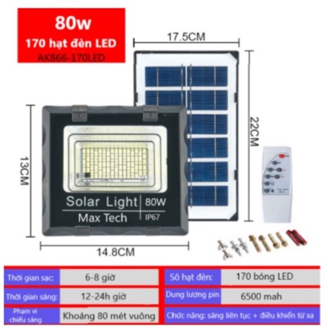 ĐÈN NĂNG LƯỢNG MẶT TRỜI MAX TECH - 80W - SOLAR LIGHT - PIN SẠC TRỌN DỜI - D1060