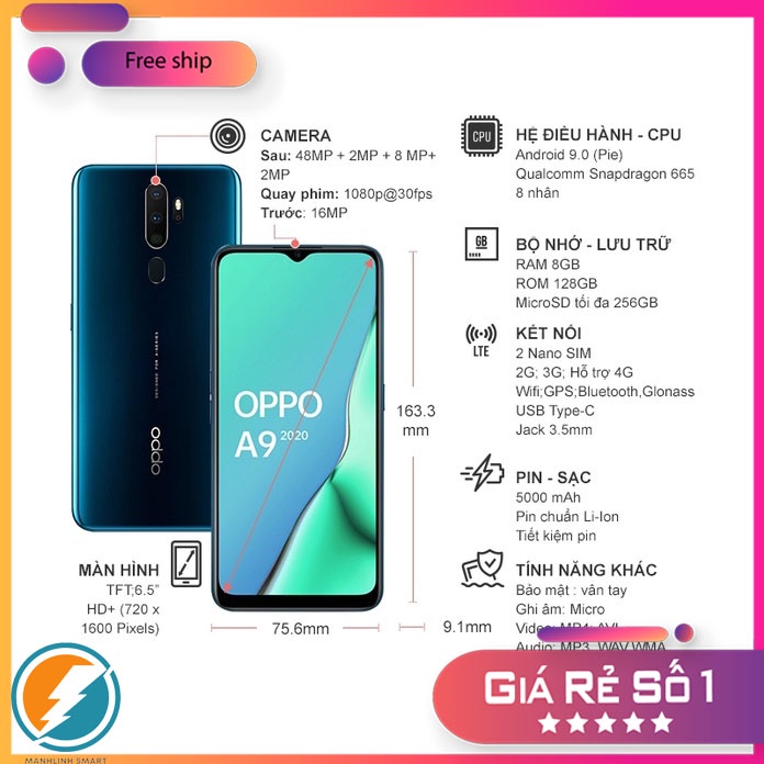 Điện thoại Oppo A9 2020 (6GB/128GB) Camera siêu net, Cấu hình cao Bảo hành 6 tháng