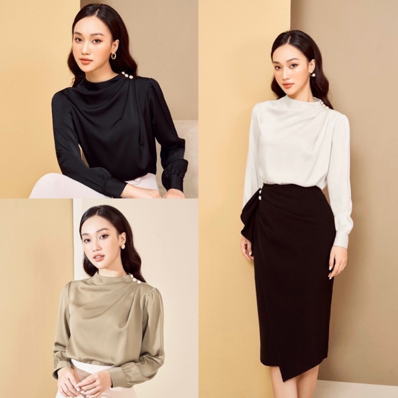 Áo sơ mi lụa mềm dài tay phối hạt cao cấp ẢNH THẬT