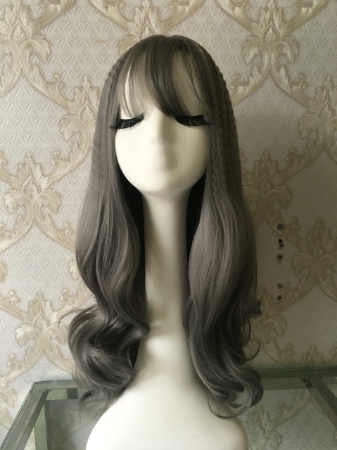 Tóc giả nguyên đầu xoăn màu xám khói đẹp từng centimet, mã 8136, tặng kèm lưới trùm tóc wig.