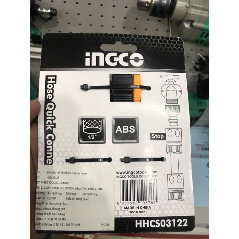 Dụng cụ nối vòi phun xịt INGCO HHCS03122 , bộ ba khớp nối gồm 3 đầu van, quy cách 1/2" Làm từ nhựa ABS nên có độ bền cao