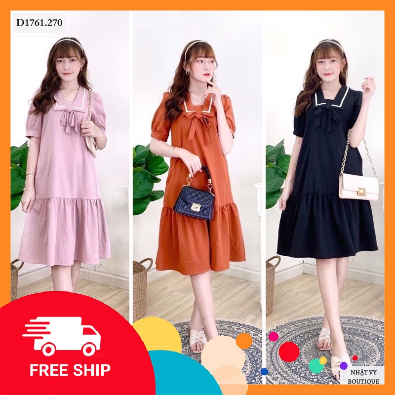 Váy đuôi cá viền cổ from rộng bầu bí bon chen thoải mái chất đũi hàn Mềm mát-đầm bầu cute