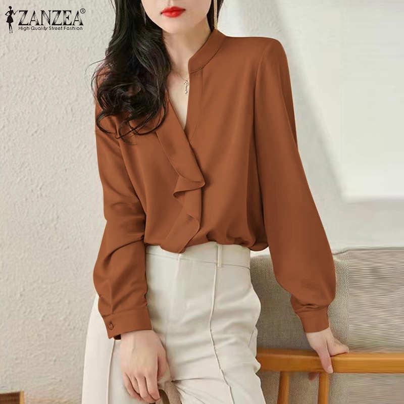 Áo sơ mi ZANZEA cổ V xếp li dài tay có nút ở cổ tay phong cách công sở cho nữ