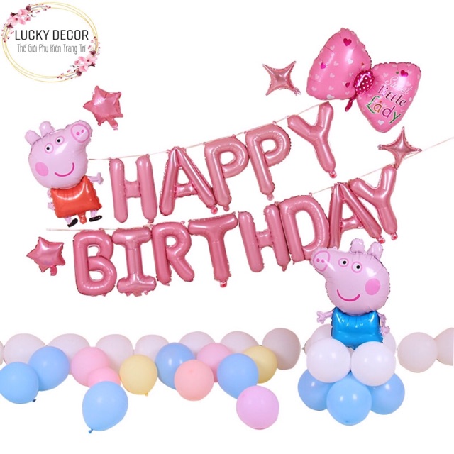 Bộ bóng sinh nhật đủ phụ kiện heo peppa , bơm, băng dính