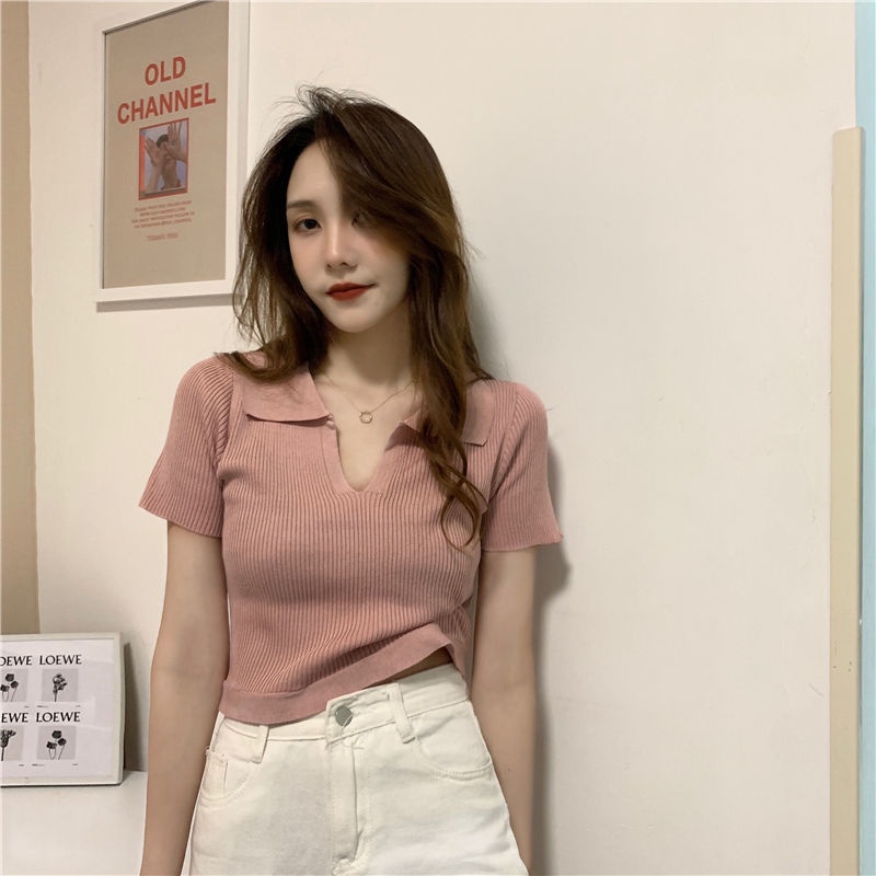 Áo Thun Dệt Kim Tay Ngắn Cổ polo Dáng Ôm Thời Trang Cho Nữ  tao bao