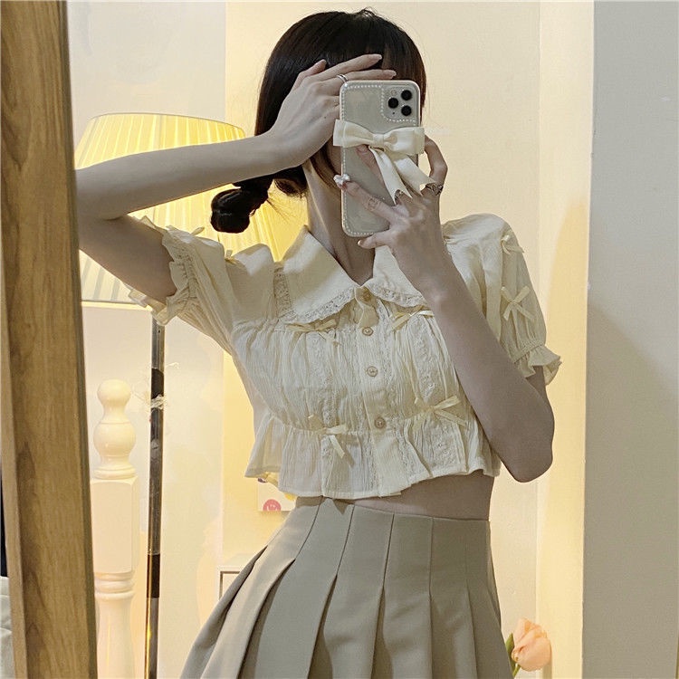 Bộ Áo Tay Phồng Ngắn Cổ Búp Bê Phối Chân Váy Xếp Ly Kiểu Retro Hàn Quốc Thời Trang Mùa Hè Cho Nữ