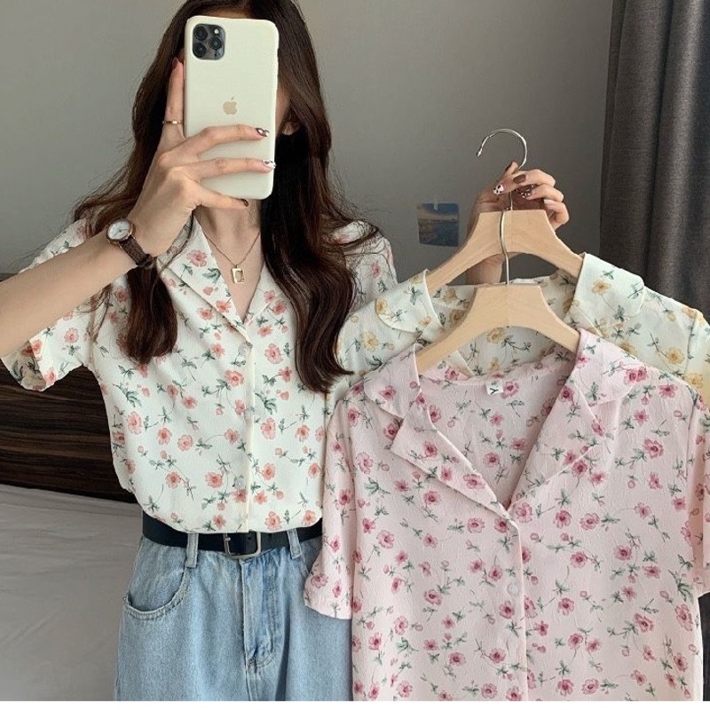 Áo Sơ Mi Chiffon Tay Ngắn In Họa Tiết Hoa Phong Cách Phương Tây Thời Trang Dành Cho Nữ