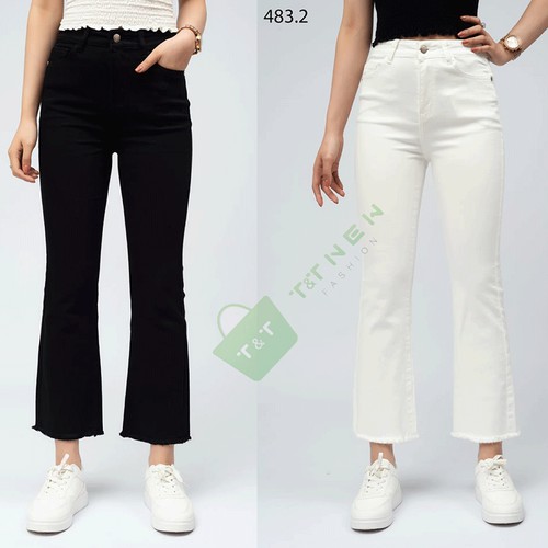 Quần ống loe cạp cao chất kaki giả bò dày dặn co giãn tốt mix đồ cực xinh
