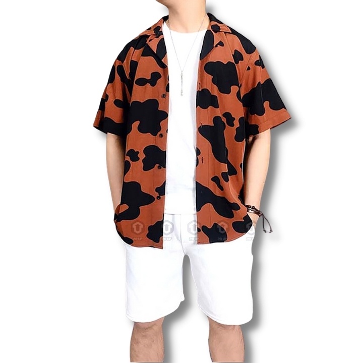 Áo sơ mi nam nữ unisex họa tiết bò sữa ngắn tay cổ bẻ 20UP form rộng 50-85kg 100% lụa cao cấp nhẹ thoáng mát không nhăn | BigBuy360 - bigbuy360.vn