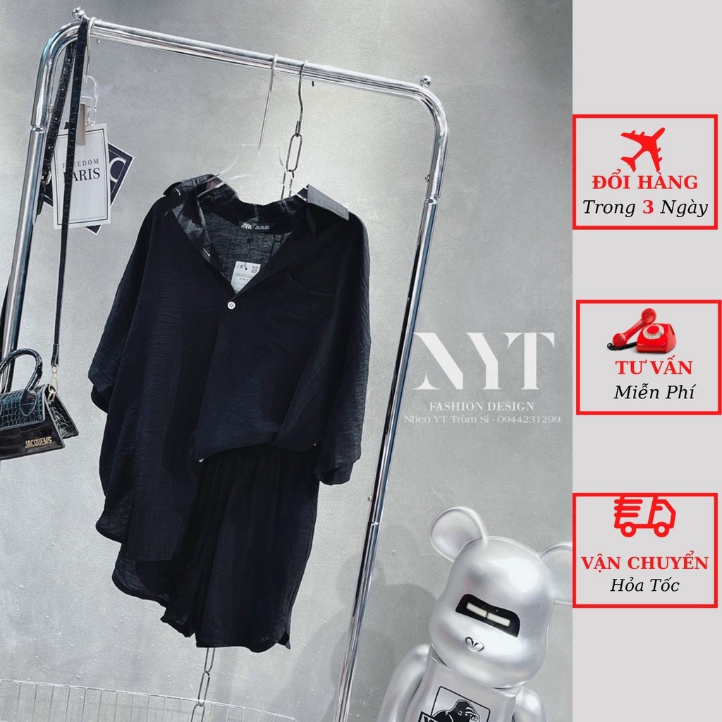 Set áo sơ mi đũi nữ tay ngắn kèm quần short ngắn đi biển du lịch ulzzang Hàn Quốc