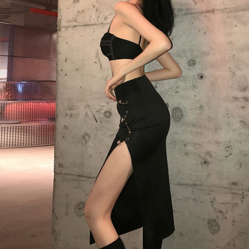 Chân váy bút chì nữ dài qua gối màu đen cạp cao ôm dáng xẻ tà phong cách gothic punk gợi cảm