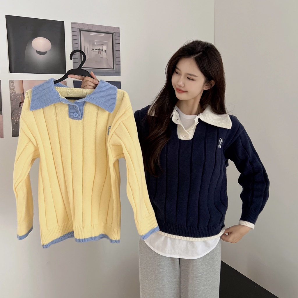 DUNEA Áo Sweater Dệt Kim Form Rộng Phối Màu Xinh Xắn Cho Nữ