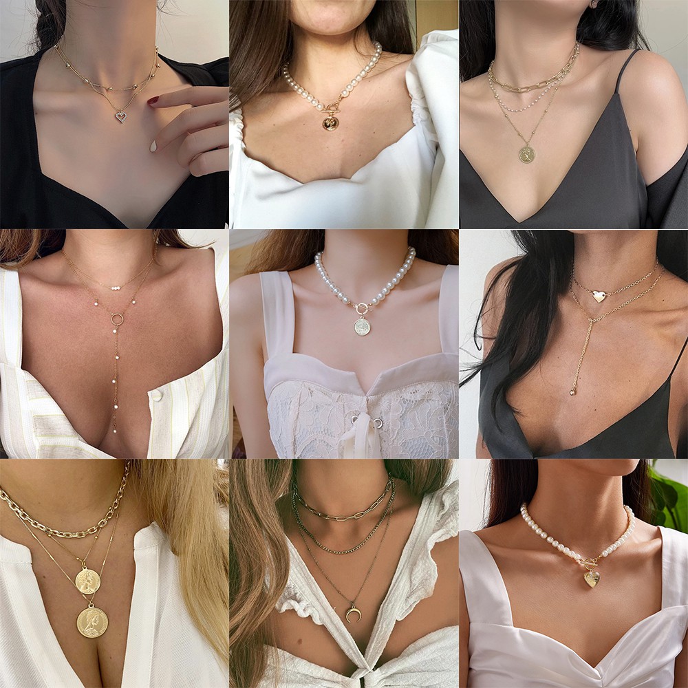 Dây chuyền choker nhiều lớp mạ vàng phối mặt hình trăng sao đính ngọc trai giả và kim cương giả sang trọng cho nữ