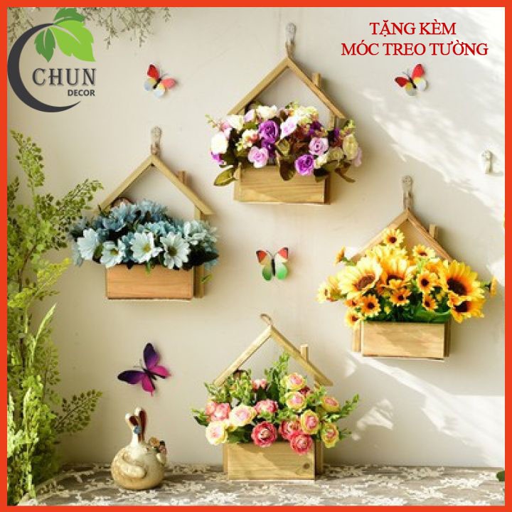 Hoa giả -  Giỏ hoa, lẵng hoa lụa treo tường hình ngôi nhà nhiều mẫu, chất liệu gỗ thông tự nhiên