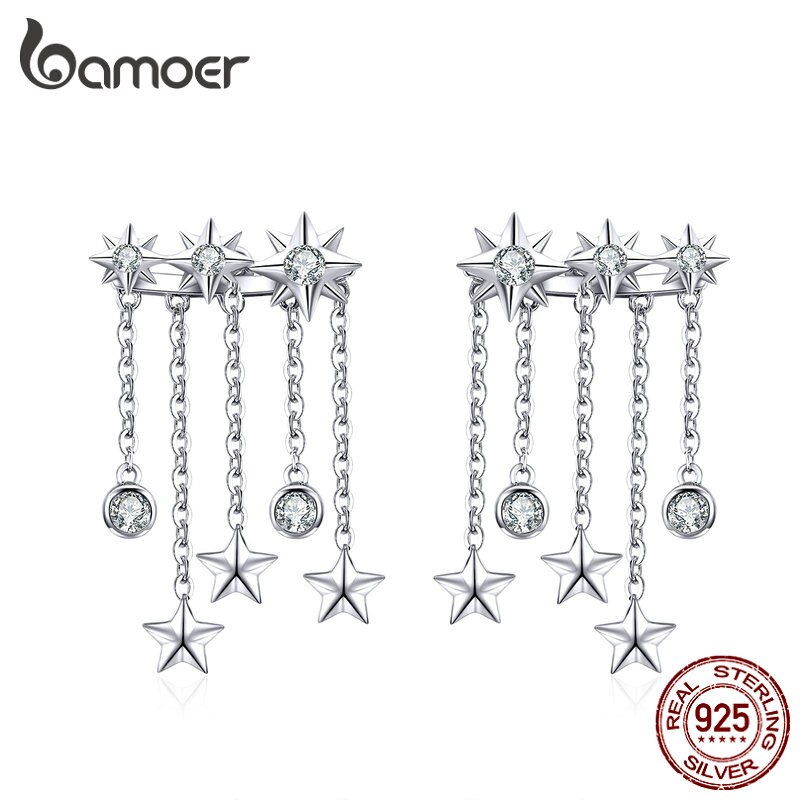 Khuyên Tai Dáng Dài Bamoer SCE700 Phối Tua Rua Gắn Mặt Hình Ngôi Sao Bằng Bạc 925 Thật Cho Bạn Nữ Dùng Trong Tiệc Cưới