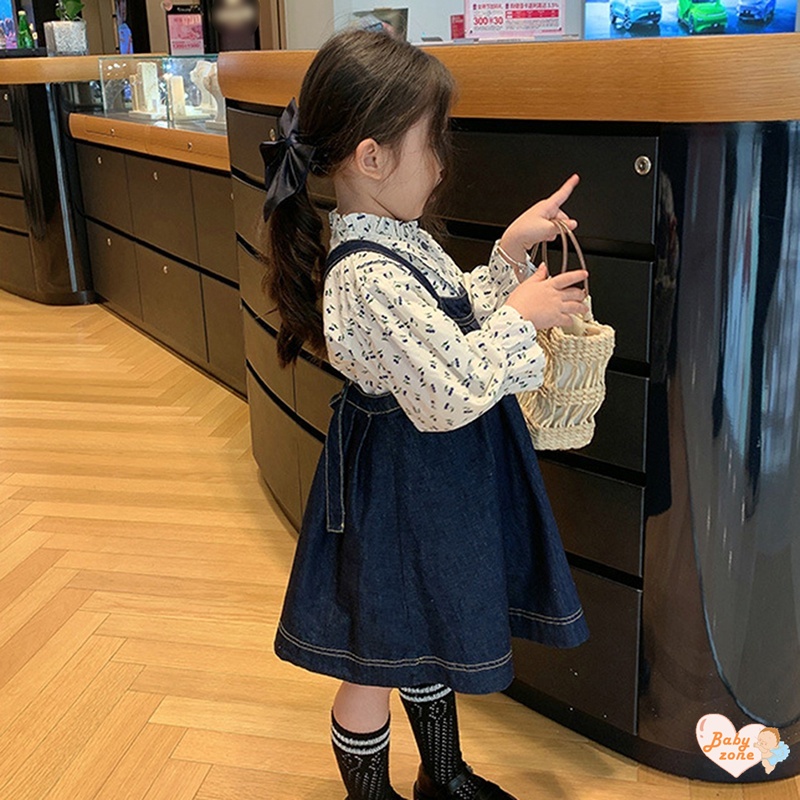 Bộ Áo Sơ Mi Tay Dài In Hoa + Váy Yếm Denim Dễ Thương Cho Bé Gái