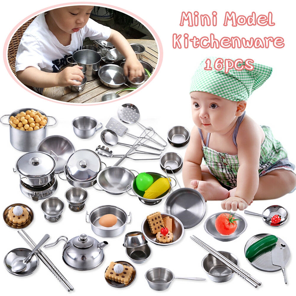 16Pcs Kids Kitchen Toy Mini Cooking Role Play Simulation Stainless Steel Chef Toy