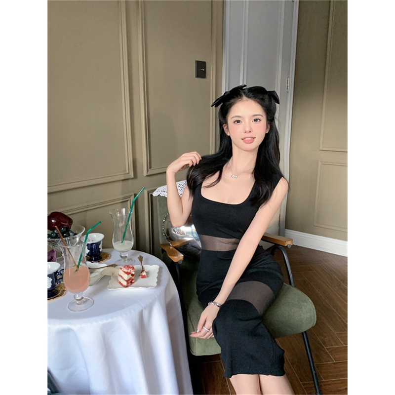 Đầm Ôm Dệt Kim Cổ Vuông Phối Lưới Màu Đen Thời Trang Cho Nữ