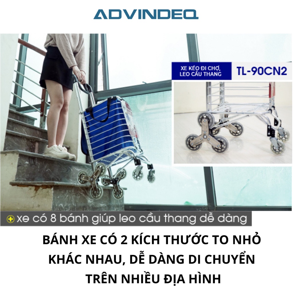 Xe kéo đi chợ, leo cầu thang 8 bánh gấp gọn ADVINDEQ TL-90CN2, tải trọng 60kg, Bảo hành chính hãng 1 năm