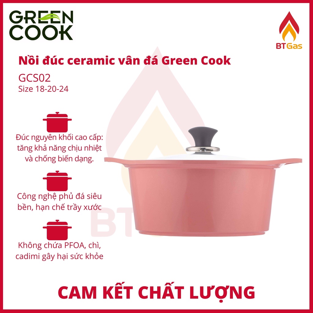 Bộ nồi đúc chống dính Ceramic vân đá, bộ nồi chống dính bếp từ vân đá Green Cook GCS02 Size 18 - 20 - 24