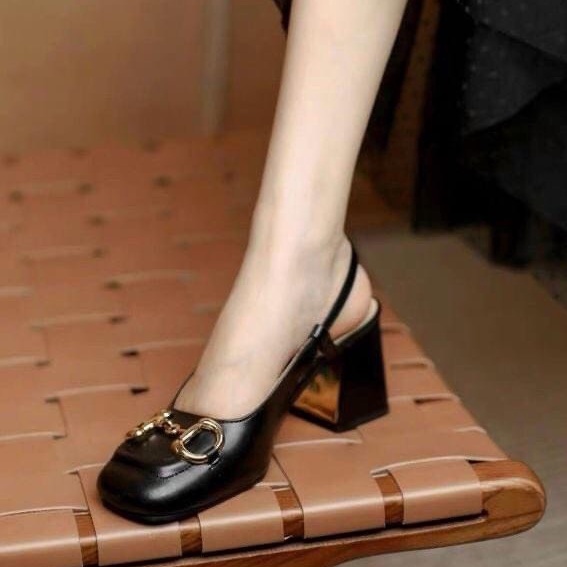 Giày cao gót nữ, Sục nữ quoai sau bịt mũi 7cm da thật cao cấp 2 màu đen , trắng sezi 35_39