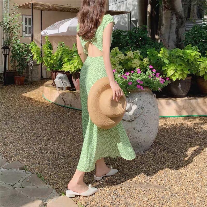 Sẵn - Váy maxi xanh phong cách retro