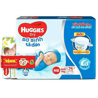 Tã dán sơ sinh huggies NB74 tặng kèm khăn ướt 64 tờ