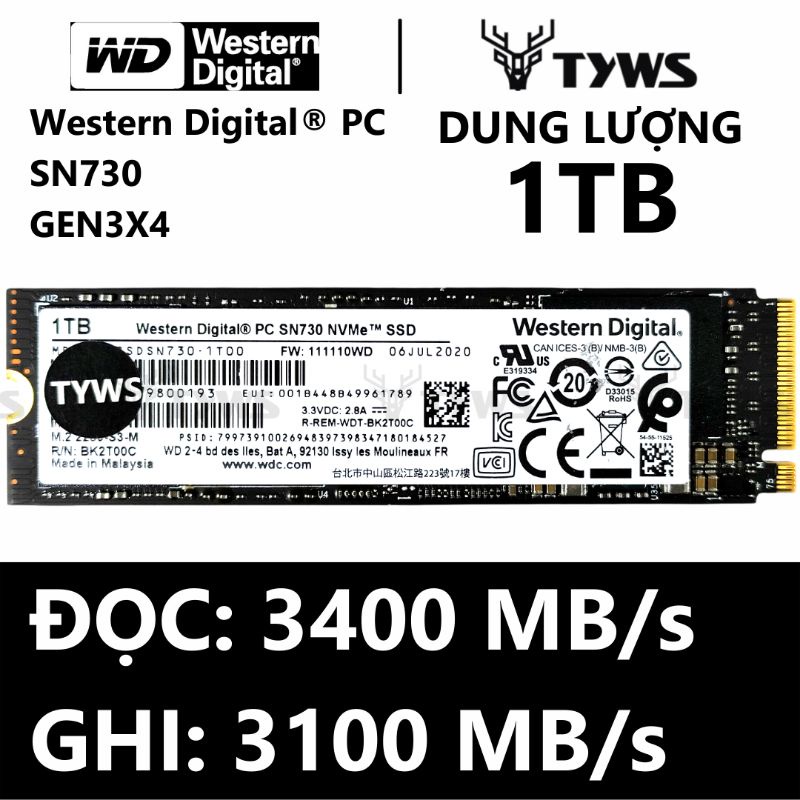 Ổ Cứng SSD M.2 NVMe 1TB PC SN730 Western Digital Gen 3×4 - Bảo hành 1 đổi 1 SN7301TB