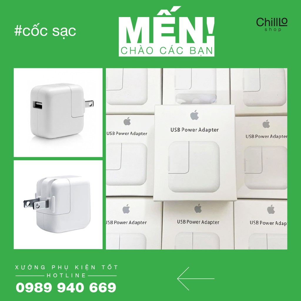 Cục Sạc iPad 12W - Củ Zin Adapter Apple 12W-2.4A - Cóc Sạc Nhanh Cho iPhone 5/6/7/8/X/11/12 & iPad Air 1/2/3