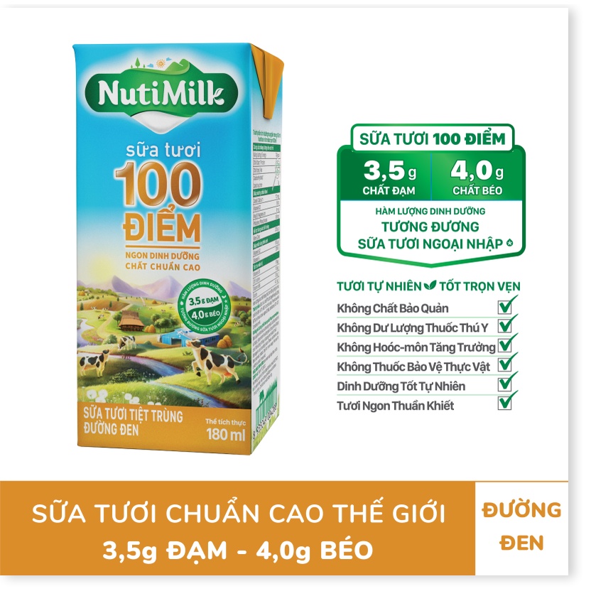 Lốc 4 Hộp NutiMilk Sữa tươi 100 điểm - Sữa tươi tiệt trùng đường đen 180ml - NUTIFOOD - CIRINO