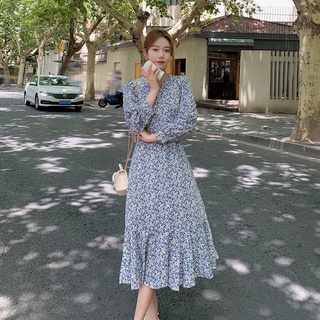 Blue floral dress spring and autumn chiffon dress temperament v-neck long-sleeved dress french ruffled fishtail skirt long skirt