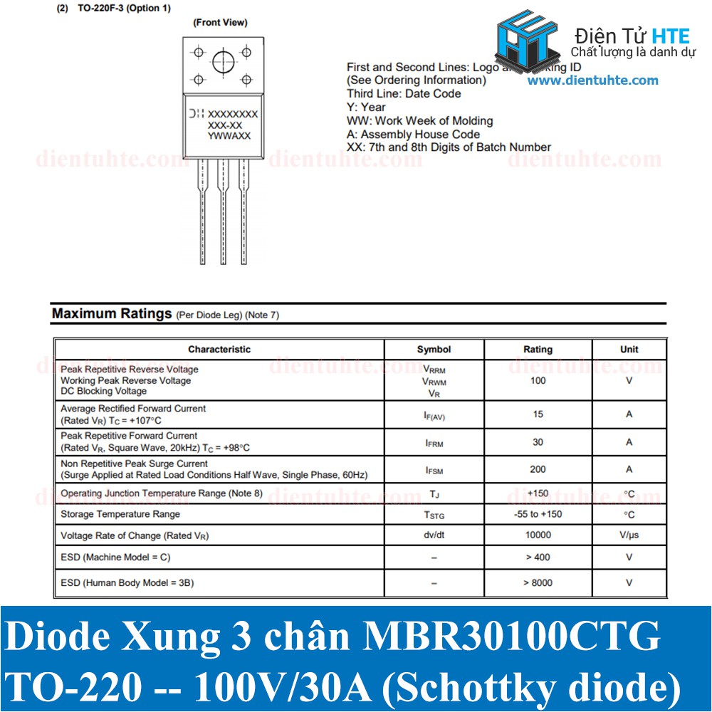 Combo 2 Diode xung 30100 MBR30100CTG B30100G 100V 30A TO-220 chính hãng