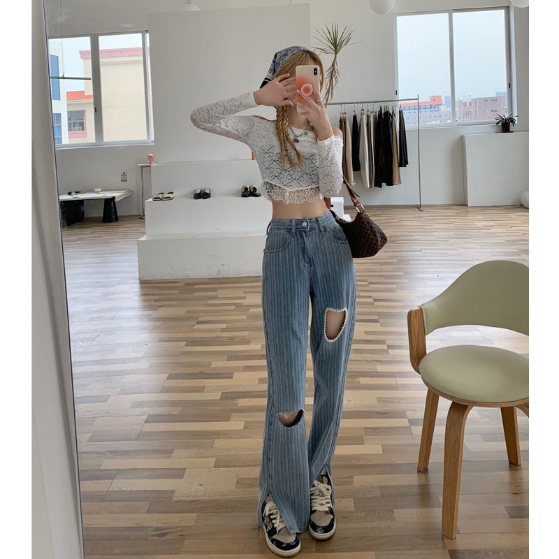 Quần Jean Dài Ống Rộng Thiết Kế Rách Thời Trang Hàn Quốc Cá Tính Trẻ Trung