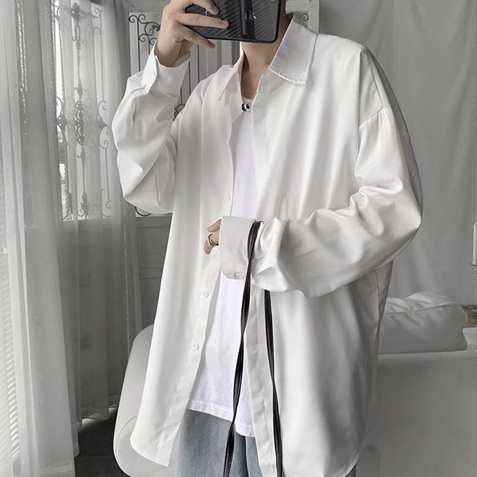 Áo Sơ Mi Tay Dài Dáng Rộng Màu Trơn Thời Trang Hàn Quốc Trẻ Trung Cho Nam