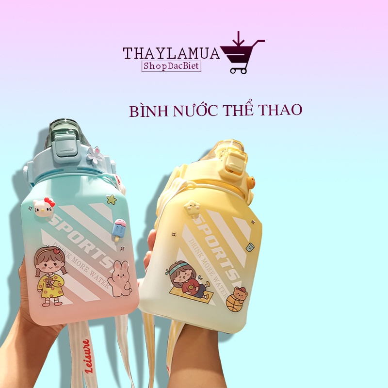 Bình đựng nước 1.5L - Bình nước thể thao dáng vuông có quai đeo tặng kèm ống hút và sticker dán nổi (BN15L)