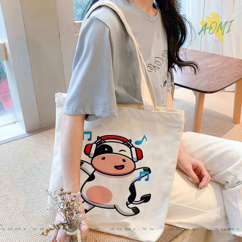 TOTE CANVAS MILK COW BO SỮA TÚI VẢI ĐEO VAI BAG CÓ KHÓA KÉO SIZE LỚN 33x38cm AOMIVN DU LỊCH MÀU ĐEN TRẮNG