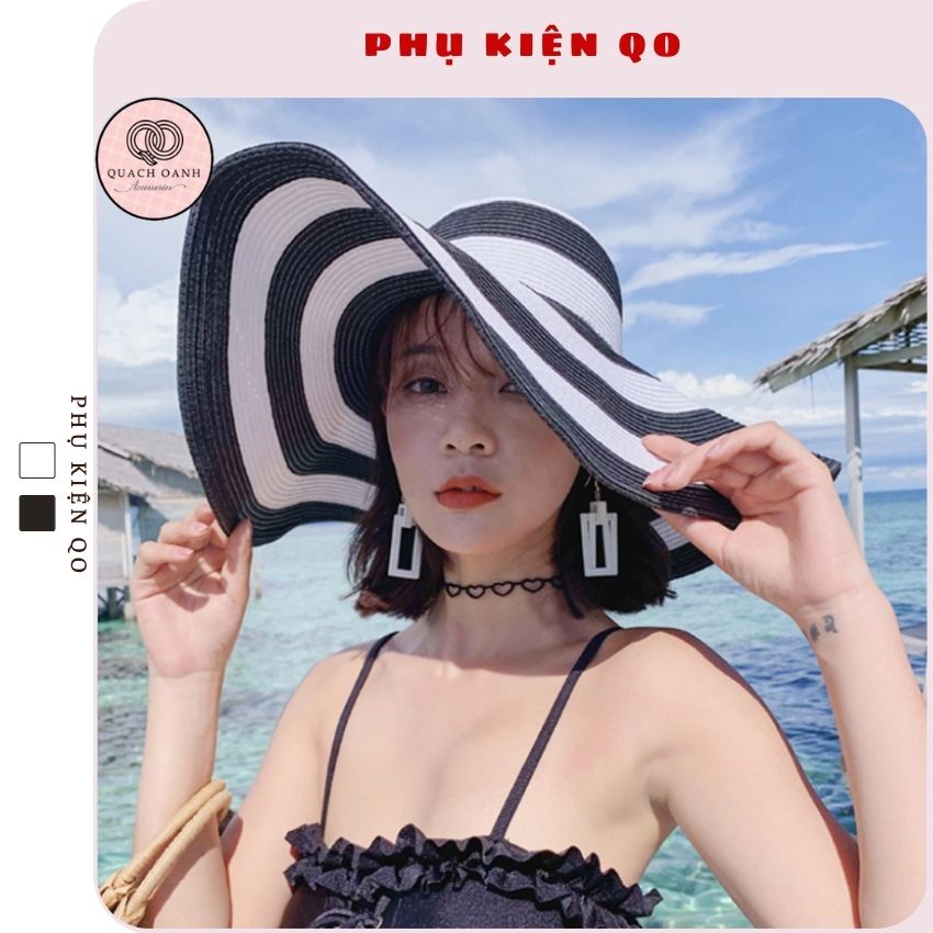 Mũ cói mềm, nón cói đi biển rộng vành sọc đen trắng phong cách vintage chống nắng – MU45