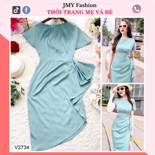 V2734 Váy lụa xanh cổ tròn nhún eo sang chảnh dự tiệc - (DVC&ACC) Dolce viva colection