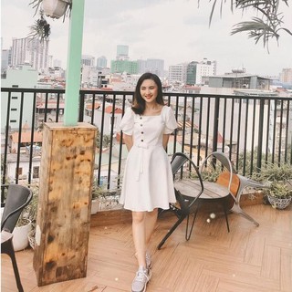 [FREE SHIP - GIÁ XẢ LỖ] Váy trắng khuy gỗ lệch