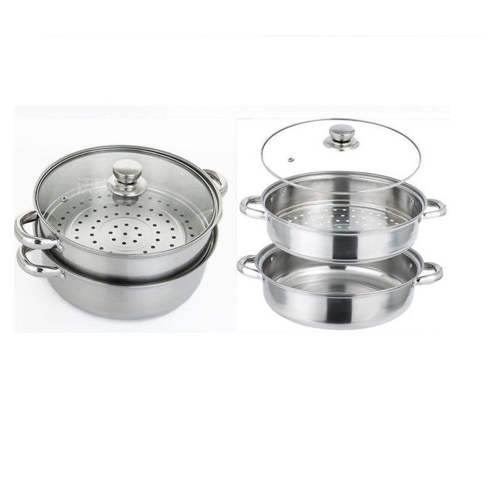 Nồi Nấu Hấp Đa Năng 2 Tầng Inox Không Gỉ 28CM Nắp Kiếng Sang Trọng Cao Cấp Loại Dày