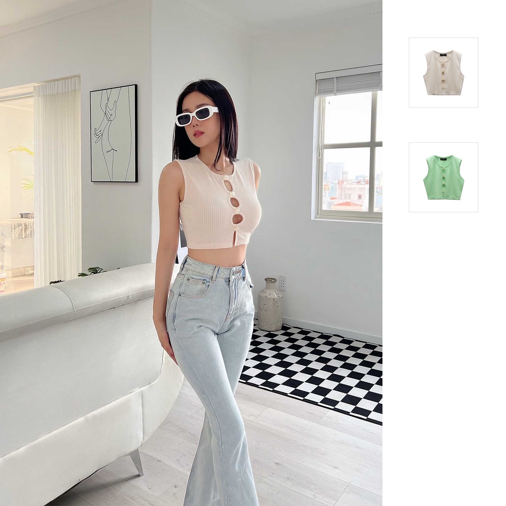 Áo Nữ Button Keyhole Top , Chất Thun Sọc Gân Thoải Mái , WC000047,SOMEHOW