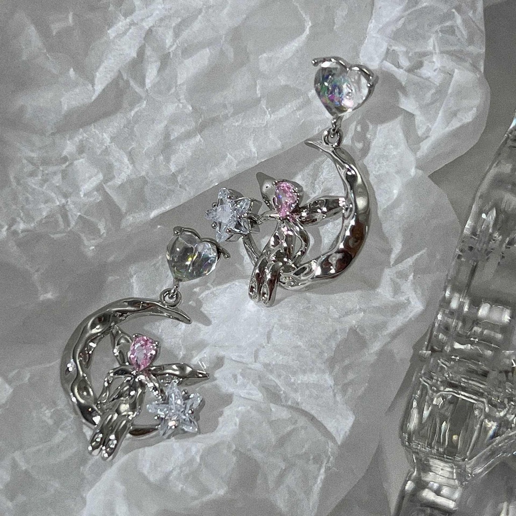 Love Zircon Star Stud Earrings Women's New Earrings Explosive Summer Earrings Fashion Personality Niche Design Moon Elf Earrings Women