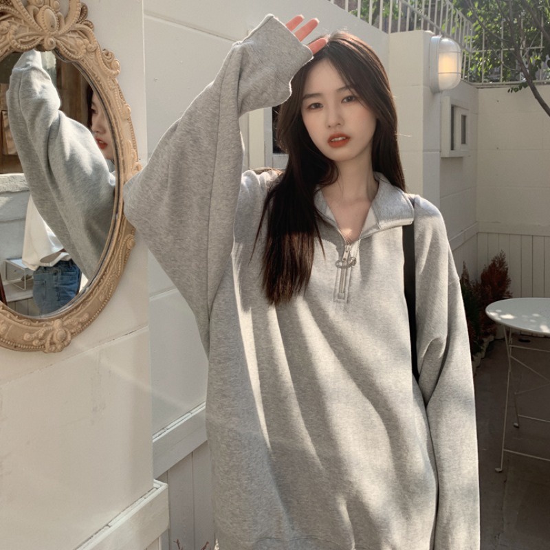 Áo nỉ dài tay rộng cổ polo có khóa kéo zip thời trang mùa thu cho nữ