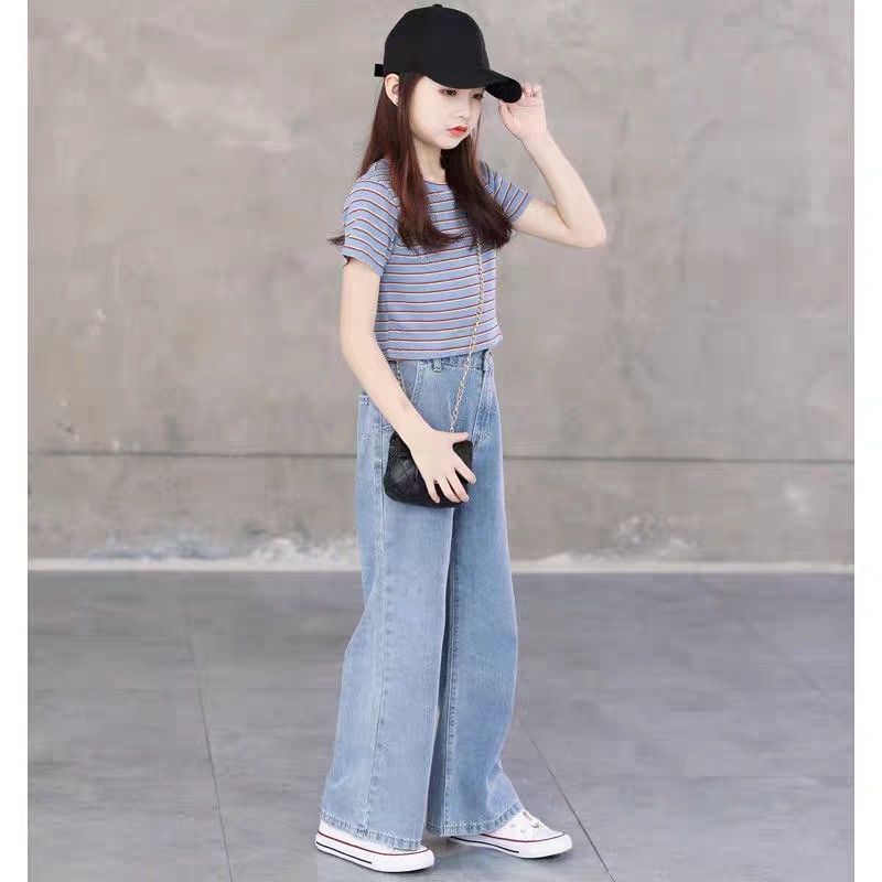 Quần Jean Dài Lưng Cao Ống Rộng Thời Trang Xuân Thu Cho Bé Gái