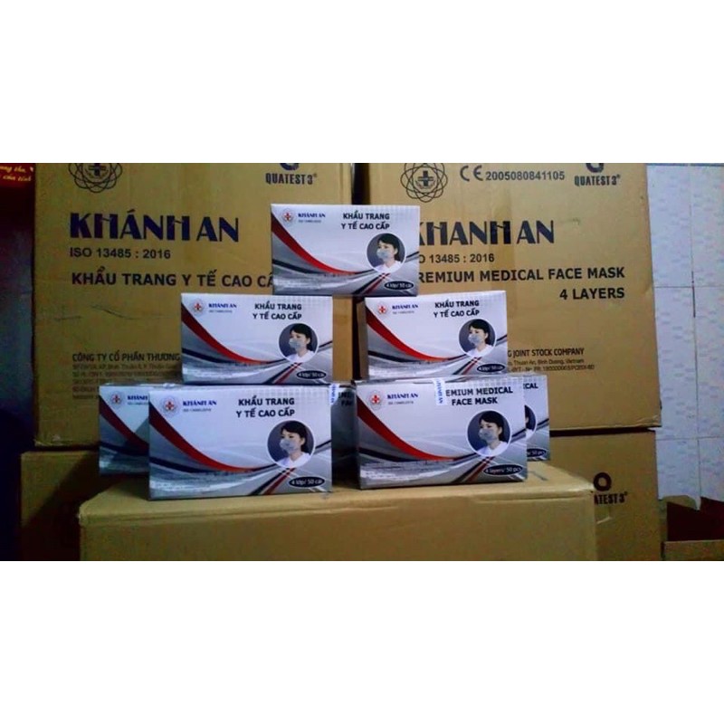 Thùng 50 hộp khẩu trang y tế Khánh An 4 lớp.