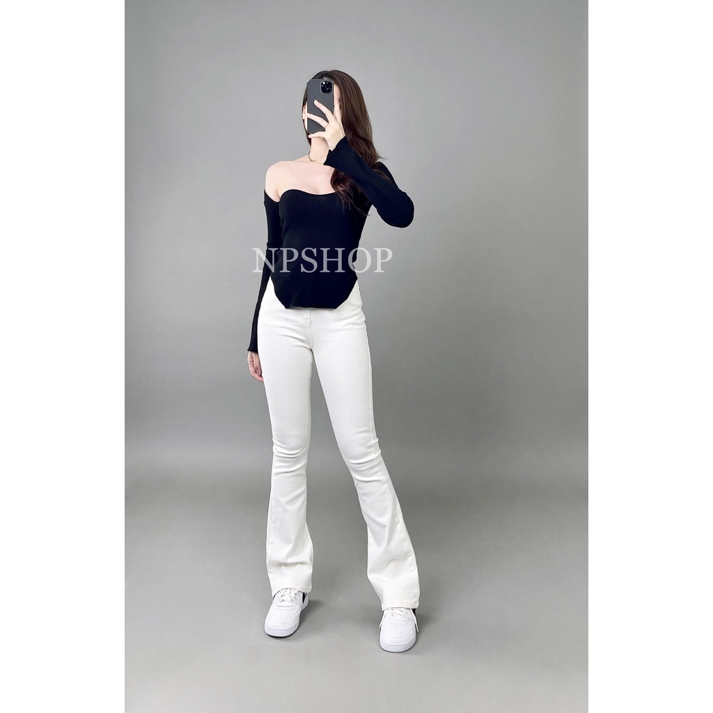 Quần jean ống loe lưng cao NPSHOP trơn dài, quần bò nữ ống bass màu trắng cạp cao NPQ064